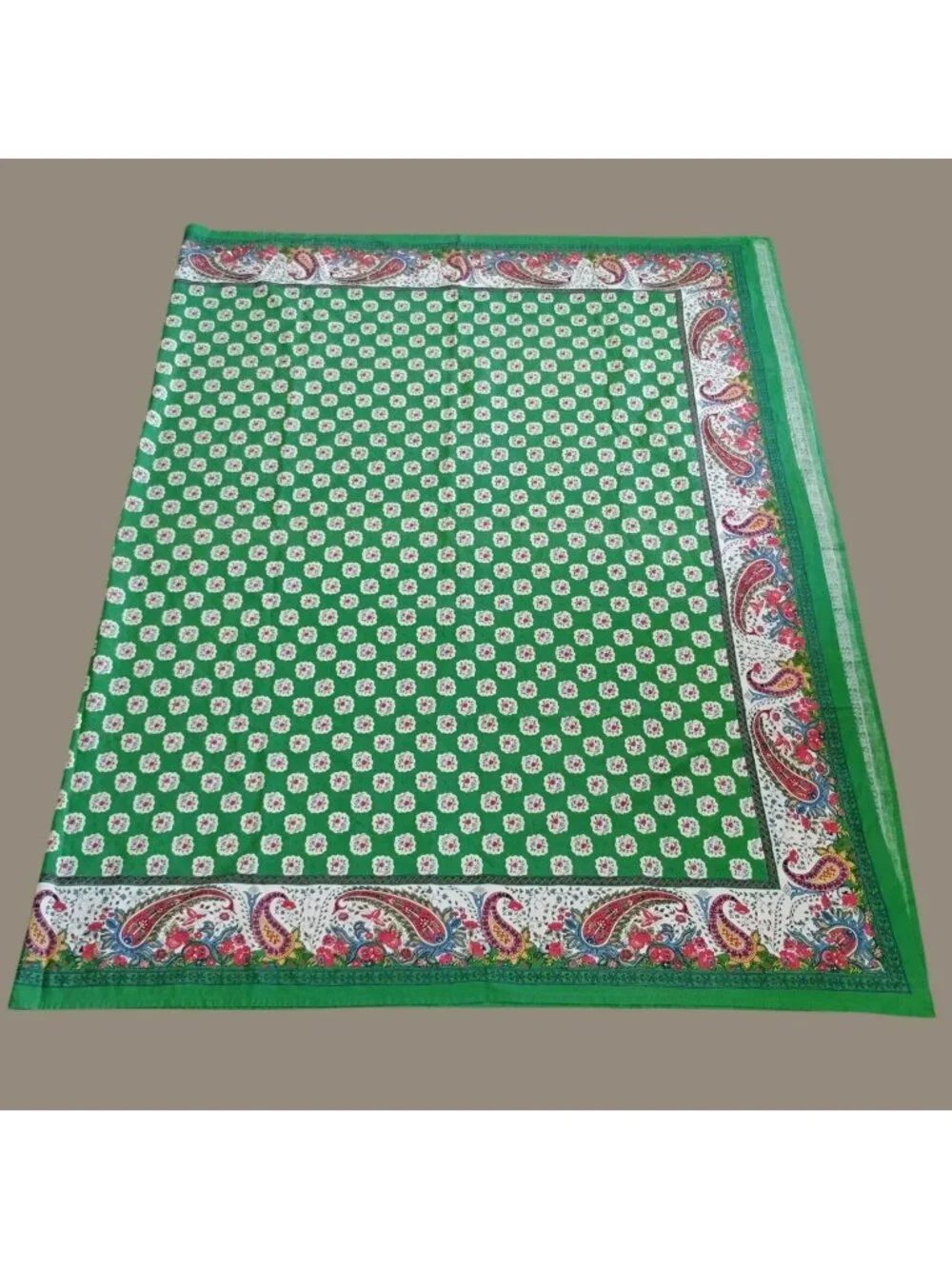 Vintage Williams Sonoma Green Block Print Floral Paisley Tablecloth Cotton 108